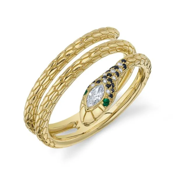 14K YELLOW BLACK & WHITE DIAMOND & EMERALD SNAKE RING Gray's Jewelers Bespoke Saint James, NY