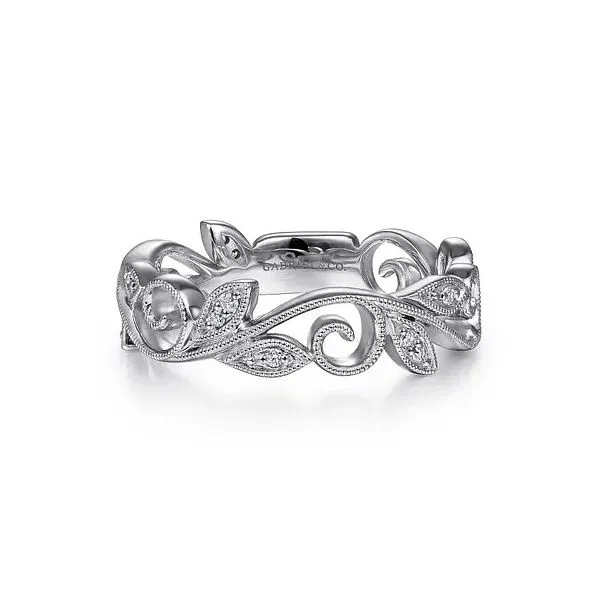 14K White Gold Scrolling Floral Diamond Stackable Ring Gray's Jewelers Bespoke Saint James, NY