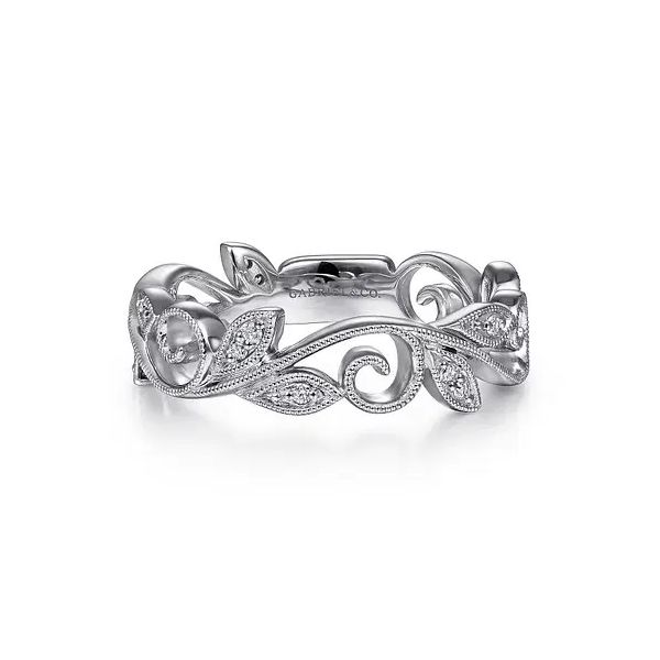 14K White Gold Scrolling Floral Diamond Stackable Ring Gray's Jewelers Bespoke Saint James, NY