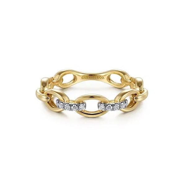 14K Yellow Gold Diamond Oval Link Chain Ladies Ring Gray's Jewelers Bespoke Saint James, NY