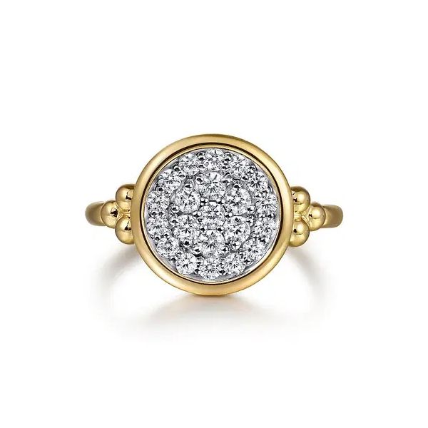 14K White and Yellow Gold Diamond Pave Bujukan Ladies Signet Ring Gray's Jewelers Bespoke Saint James, NY