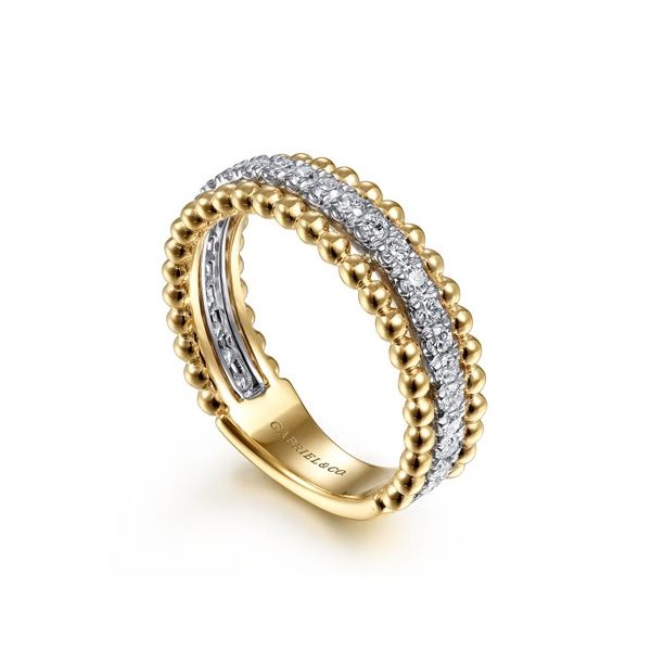 14K White-Yellow Gold Three Row Diamond and Bujukan Bead Ring Image 2 Gray's Jewelers Bespoke Saint James, NY