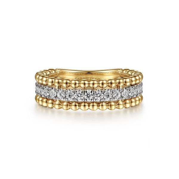 14K White-Yellow Gold Three Row Diamond and Bujukan Bead Ring Gray's Jewelers Bespoke Saint James, NY