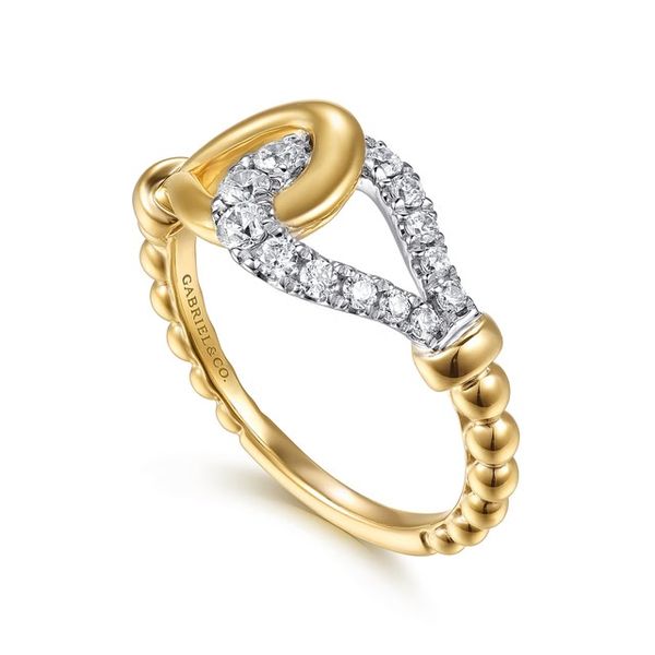 14K White and Yellow Gold Diamond Bujukan Stirrup Ring Image 2 Gray's Jewelers Bespoke Saint James, NY