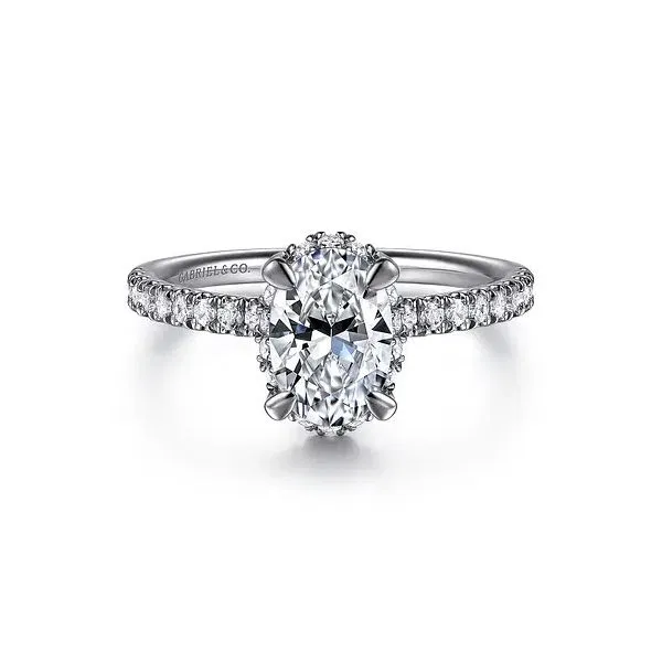 14K White Gold Oval Hidden Halo Diamond Engagement Ring Mounting Gray's Jewelers Bespoke Saint James, NY