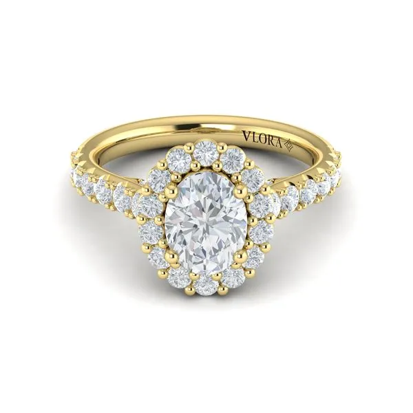 18K Yellow Gold Diamond Halo Oval Semi Mount Engagement Ring Mounting Gray's Jewelers Bespoke Saint James, NY