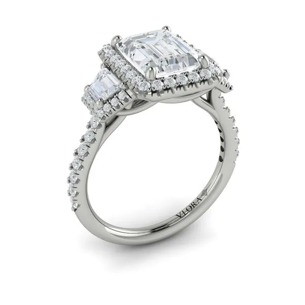 Platinum Gold Three Stone Halo Emerald Cut Semi Mount Engagement Ring Mounting Image 2 Gray's Jewelers Bespoke Saint James, NY
