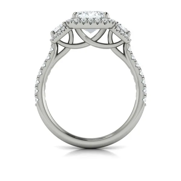 Platinum Gold Three Stone Halo Emerald Cut Semi Mount Engagement Ring Mounting Image 3 Gray's Jewelers Bespoke Saint James, NY