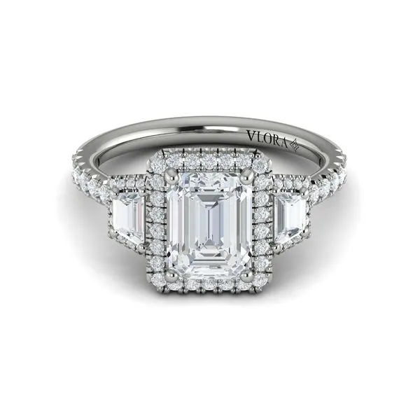 Platinum Gold Three Stone Halo Emerald Cut Semi Mount Engagement Ring Mounting Gray's Jewelers Bespoke Saint James, NY