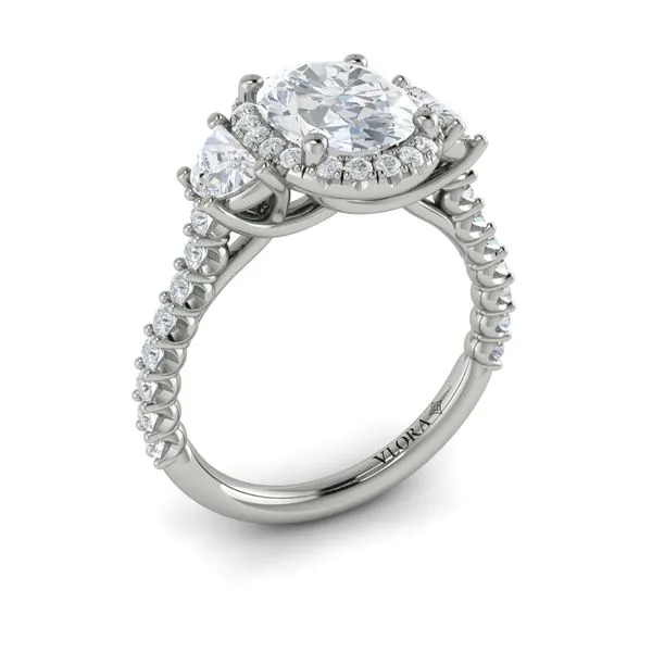 Platinum Gold Three Stone Halo Oval Semi Mount Engagement Ring Mounting Image 2 Gray's Jewelers Bespoke Saint James, NY