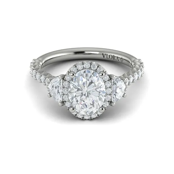 Platinum Gold Three Stone Halo Oval Semi Mount Engagement Ring Mounting Gray's Jewelers Bespoke Saint James, NY