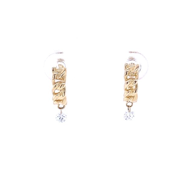14K Yellow Gold Dangling Diamond Chain Huggie Earrings Gray's Jewelers Bespoke Saint James, NY
