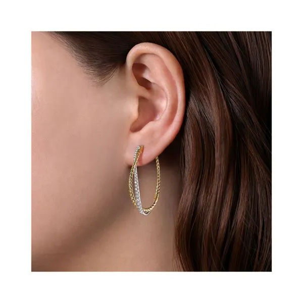 14K Yellow-White Gold Twisted 35mm Classic Diamond Hoop Earrings Image 2 Gray's Jewelers Bespoke Saint James, NY