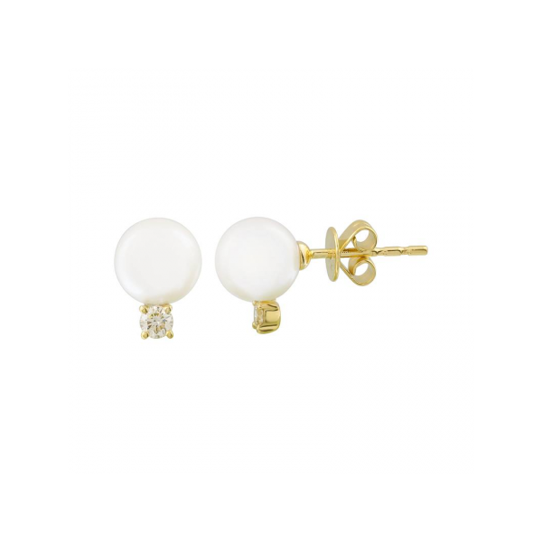 14K Yellow Gold Diamond Pearl Stud Earrings Gray's Jewelers Bespoke Saint James, NY