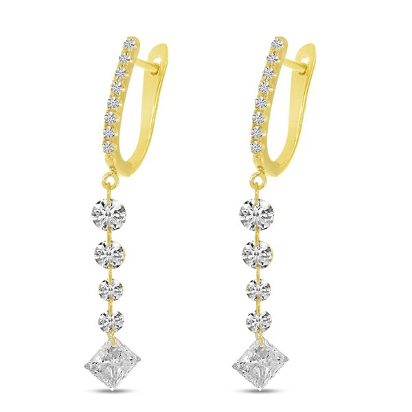 14k Yellow Gold Round And Princess Cut Diamond Dangle Earrings Gray's Jewelers Bespoke Saint James, NY