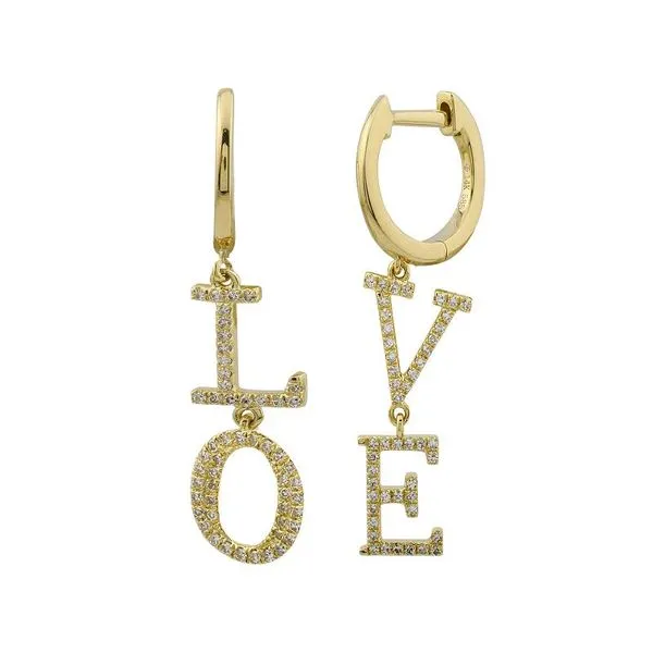 14k Yellow Gold Dangling L-o-v-e Diamond Huggie Earrings Gray's Jewelers Bespoke Saint James, NY