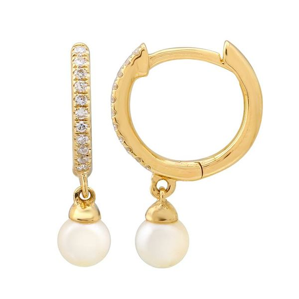 14K Yellow Gold Diamond and Pearl Hoop Earrings Gray's Jewelers Bespoke Saint James, NY