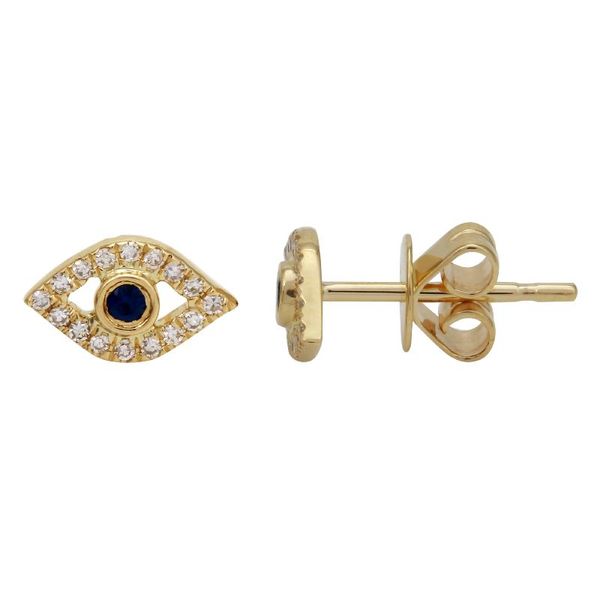 14K Yellow Gold Diamond and Sapphire Evil Eye Stud Earring Gray's Jewelers Bespoke Saint James, NY