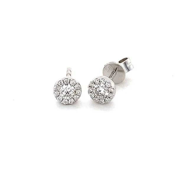 14K White Gold Diamond Halo Stud Earrings Gray's Jewelers Bespoke Saint James, NY
