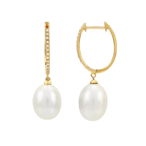 14k Yellow Gold Pearl and Diamond Earrings Gray's Jewelers Bespoke Saint James, NY