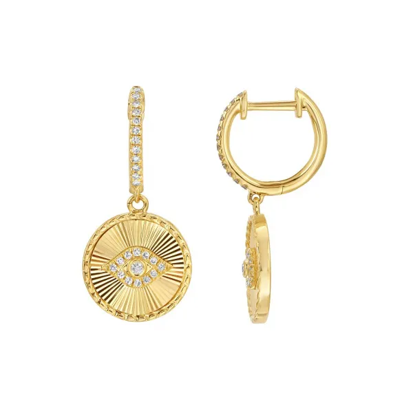 14k Yellow Gold Lines / Fluted Evil Eye Diamond Earrings Gray's Jewelers Bespoke Saint James, NY
