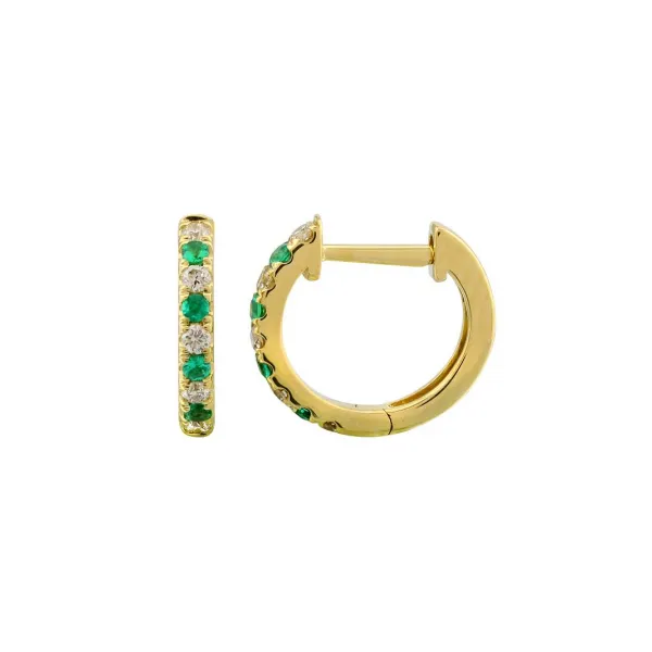 14k Yellow Gold Emerald & Diamond Huggie Earrings Gray's Jewelers Bespoke Saint James, NY