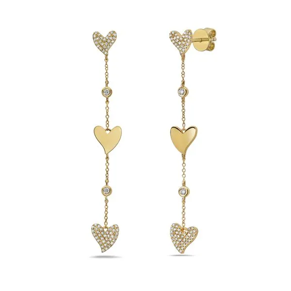 14K Yellow Gold Diamond and Gold Heart Dangle Earrings Gray's Jewelers Bespoke Saint James, NY