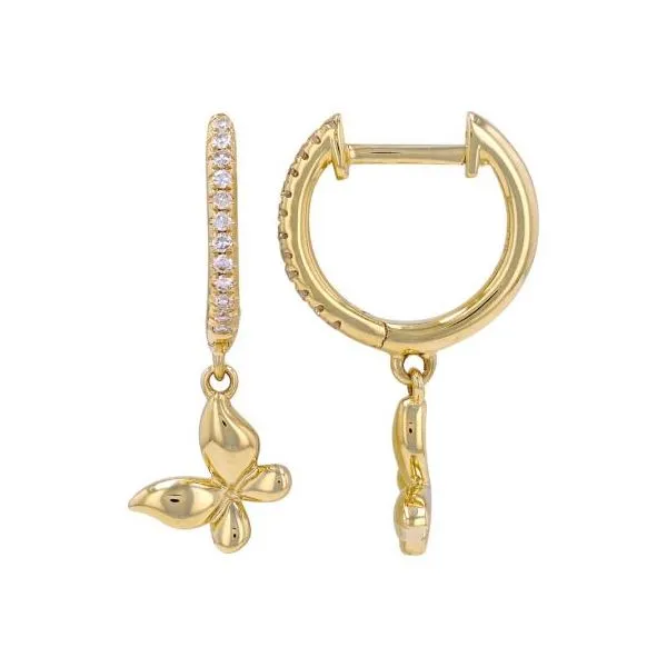 14k Yellow Gold Butterfly Dangle Diamond Huggie Earrings Gray's Jewelers Bespoke Saint James, NY