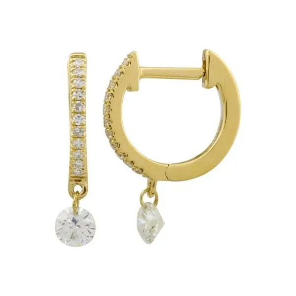 14k Yellow Gold Floating Round Diamond Huggie Earrings Gray's Jewelers Bespoke Saint James, NY
