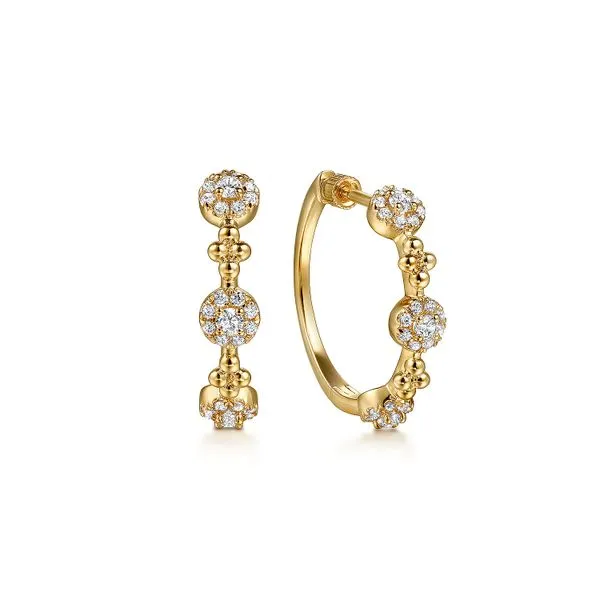 14K Yellow Gold Bujukan Diamond Cluster Classic Hoop Earrings Gray's Jewelers Bespoke Saint James, NY