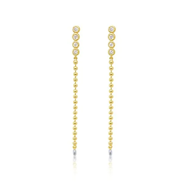 14K Yellow and White Gold Diamond Bezel Bar with Dangling Ball Chain Earrings Gray's Jewelers Bespoke Saint James, NY