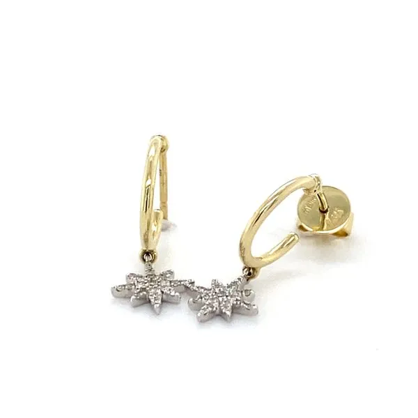 14K Yellow and White Gold Diamond Star Huggie Hoop Earrings Gray's Jewelers Bespoke Saint James, NY