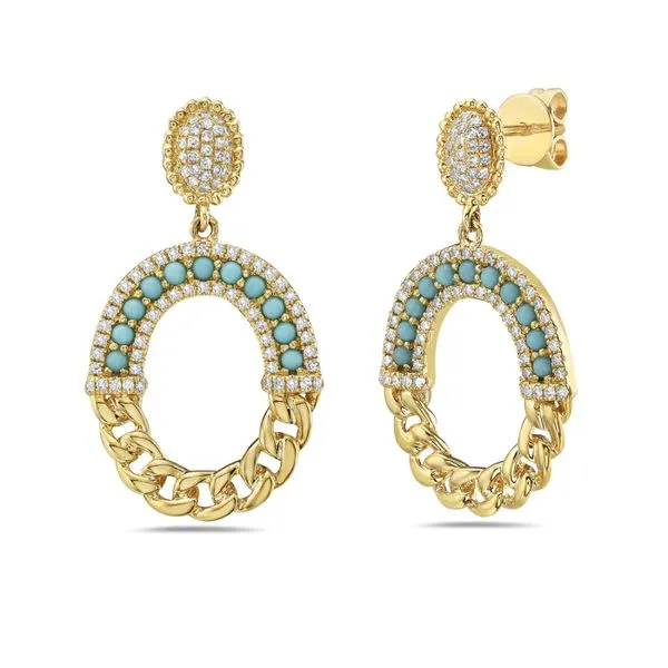 14K Yellow Gold Diamond and Turquoise Oval Earrings Gray's Jewelers Bespoke Saint James, NY