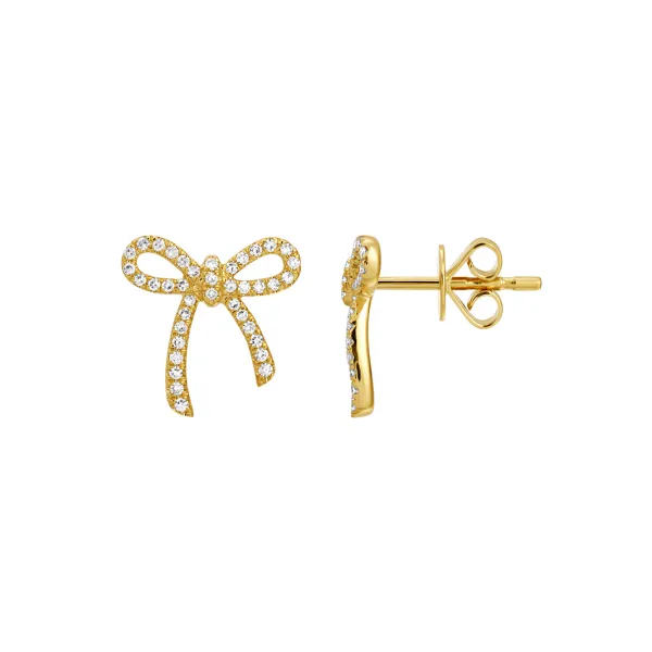 14K Yellow Gold Bow Diamond Stud Earrings Gray's Jewelers Bespoke Saint James, NY