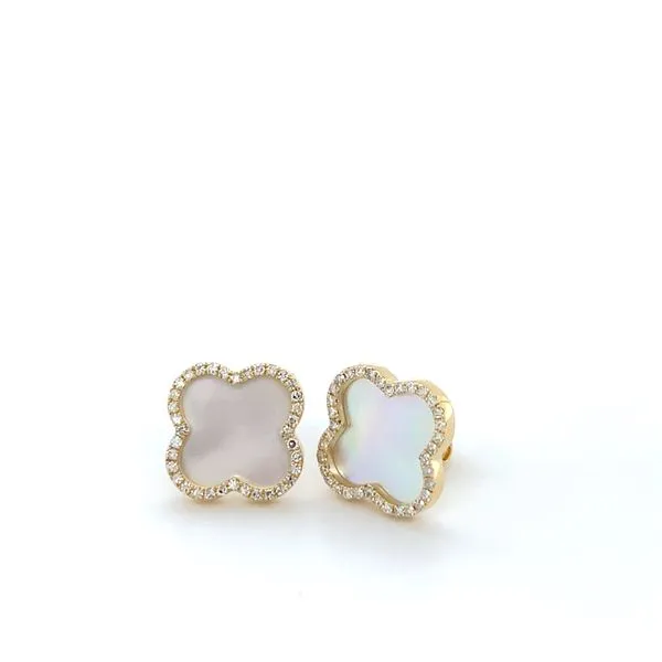 14K Yellow Gold Diamond and Mother of Pearl Clover Earrings Gray's Jewelers Bespoke Saint James, NY