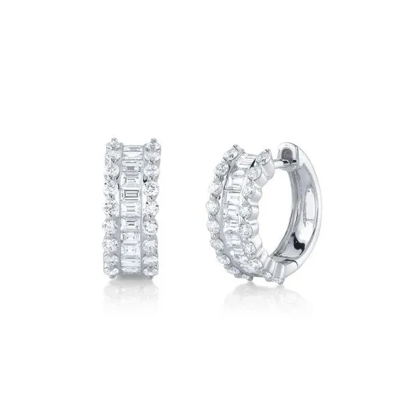 14K White Gold Diamond Baguette Huggie Earrings Gray's Jewelers Bespoke Saint James, NY