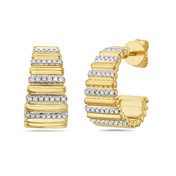 14K Yellow Gold Ridged Diamond Hoop Earrings Gray's Jewelers Bespoke Saint James, NY