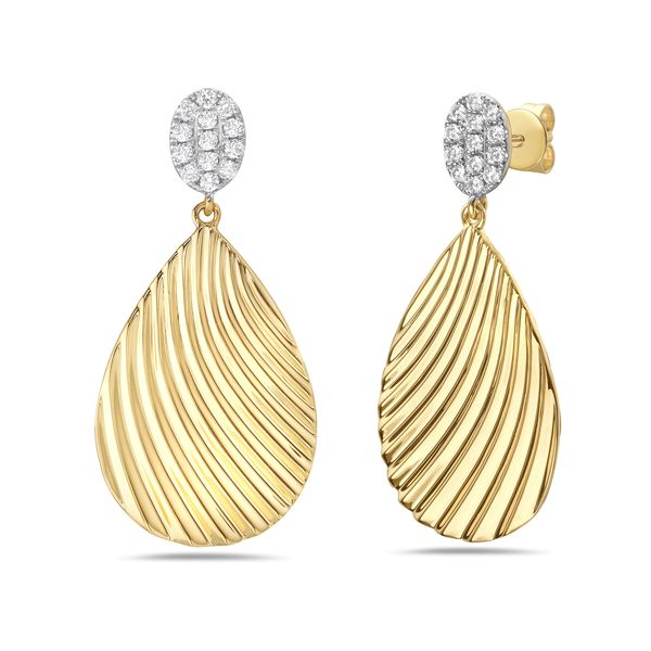 14K Yellow Gold Ridged Teardrop Shape with Diamond Earrings Gray's Jewelers Bespoke Saint James, NY