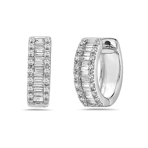 14K White Gold Round and Baguette Diamond Huggie Hoop Earrings Gray's Jewelers Bespoke Saint James, NY