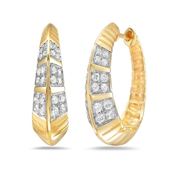 14K Yellow Gold Etched Oval Hoop Earrings with Diamonds Gray's Jewelers Bespoke Saint James, NY