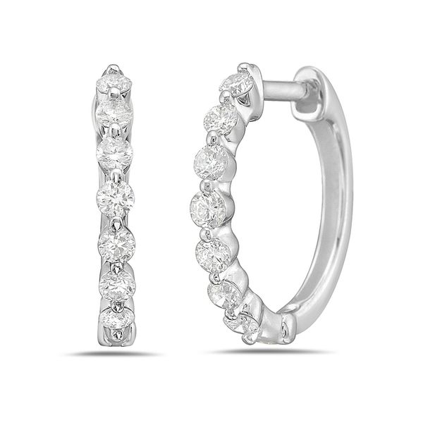 14K White Gold Diamond Huggie Hoop Earrings Gray's Jewelers Bespoke Saint James, NY