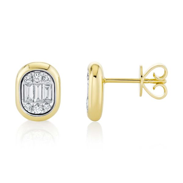14K Yellow Gold Diamond Baguette and Round Stud Earrings Image 2 Gray's Jewelers Bespoke Saint James, NY