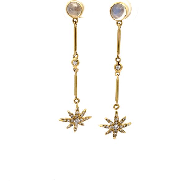 14K Yellow Gold Diamond and Moonstone Starburst Earrings Gray's Jewelers Bespoke Saint James, NY