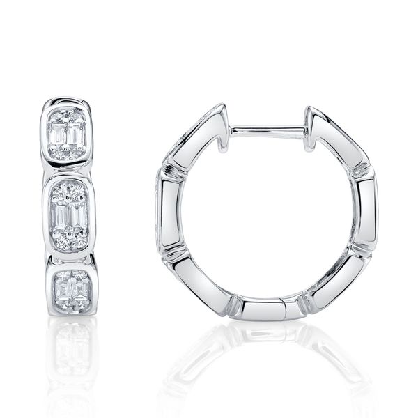 14K White Gold Diamond Baguette Octagon Hoop Earrings Gray's Jewelers Bespoke Saint James, NY