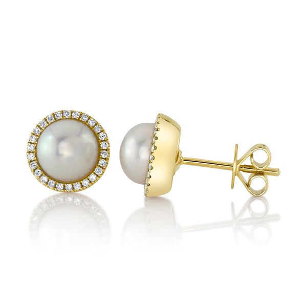 14K Yellow Diamond and Cultured Pearl Stud Earrings Image 2 Gray's Jewelers Bespoke Saint James, NY