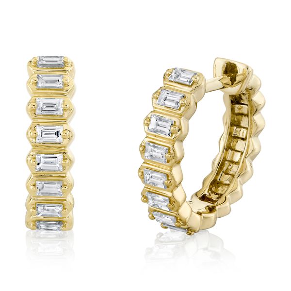 14K Yellow Gold Diamond Baguette Huggie Earrings Gray's Jewelers Bespoke Saint James, NY