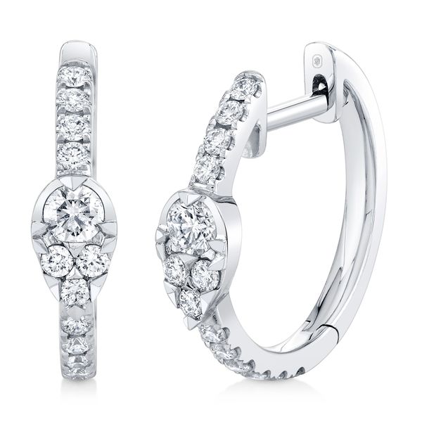 14K White Gold Diamond Pear Huggie Earrings Gray's Jewelers Bespoke Saint James, NY