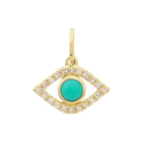 14k Yellow Gold Evil Eye Diamond and Turquoise Necklace Charm Gray's Jewelers Bespoke Saint James, NY