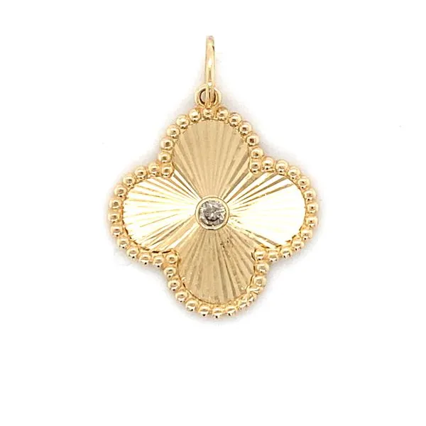14k Yellow Gold Fluted Clover Charm 0.09 Total Diamond Carat Weight Bezel Set in Center Gray's Jewelers Bespoke Saint James, NY