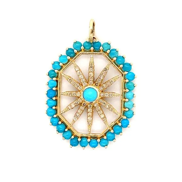 14K Yellow Gold Diamond and Turquoise Flower Charm with Crystal Back Gray's Jewelers Bespoke Saint James, NY